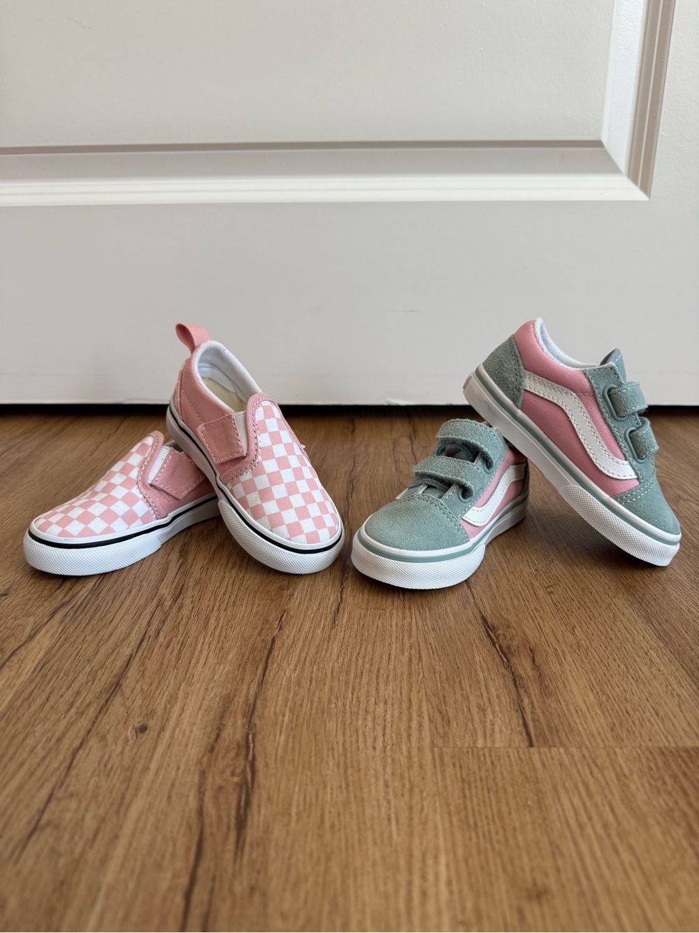 vans • size 6.5 • old skool v pink & blue + classic checkered pink white slip on